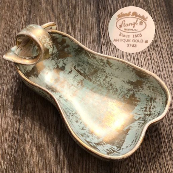 STANGL Pottery 22K Gold Paint Antique Gold & Turquoise Pear /Eggplant Dish #3783